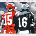 "Patrick Mahomes and Lenny Dawson walking together in a heavenly version of Arrowhead Stadium on the cover art for the song 'All Along The Chiefs Warpath.'"