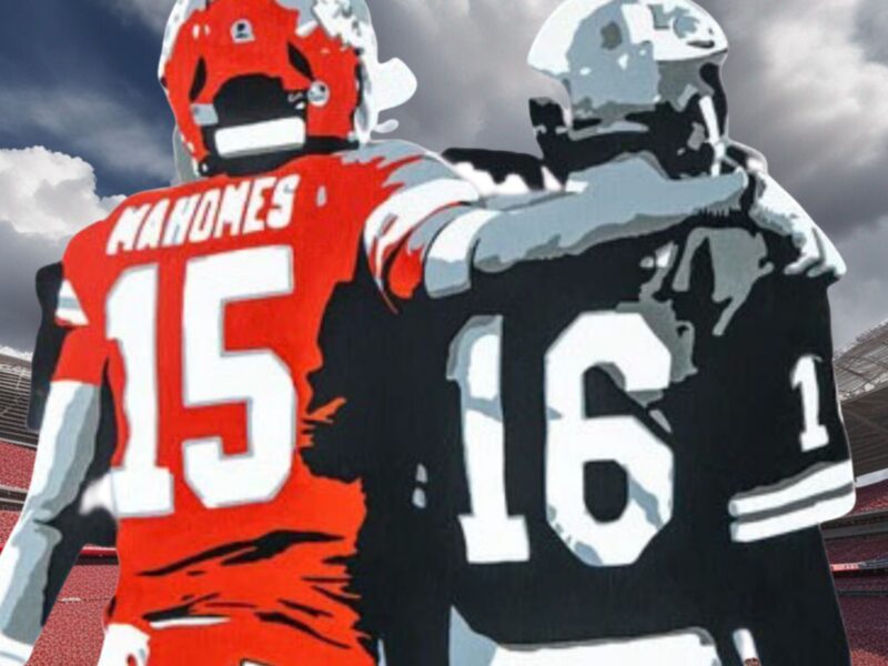 "Patrick Mahomes and Lenny Dawson walking together in a heavenly version of Arrowhead Stadium on the cover art for the song 'All Along The Chiefs Warpath.'"