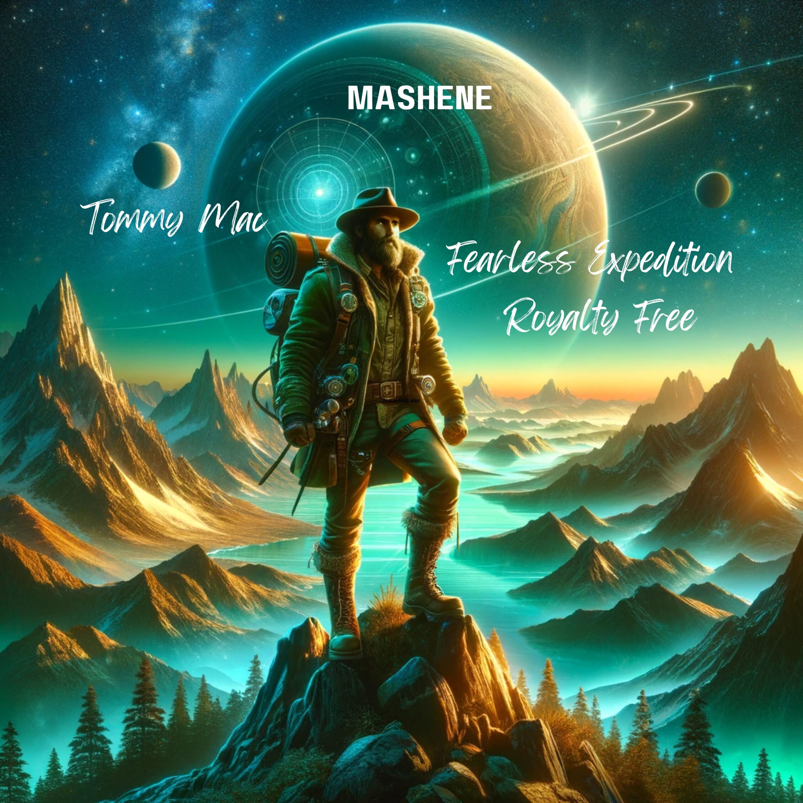 Album cover depicting an explorer in vintage gear standing on a mountain peak, overlooking an alien landscape with luminescent waters under a starlit sky