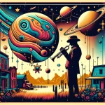 "A man holding a trumpet stands in a vibrant, futuristic frontier landscape with bright colors and space-themed borders featuring planets and stars."