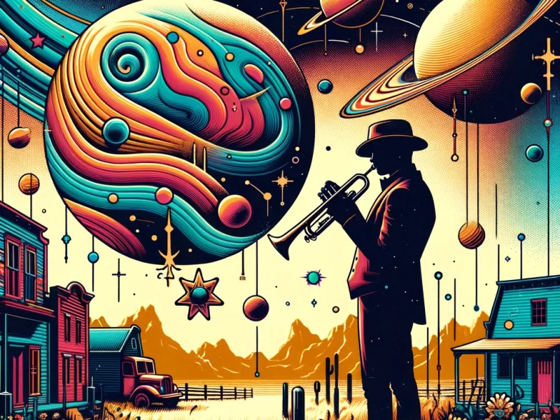 "A man holding a trumpet stands in a vibrant, futuristic frontier landscape with bright colors and space-themed borders featuring planets and stars."