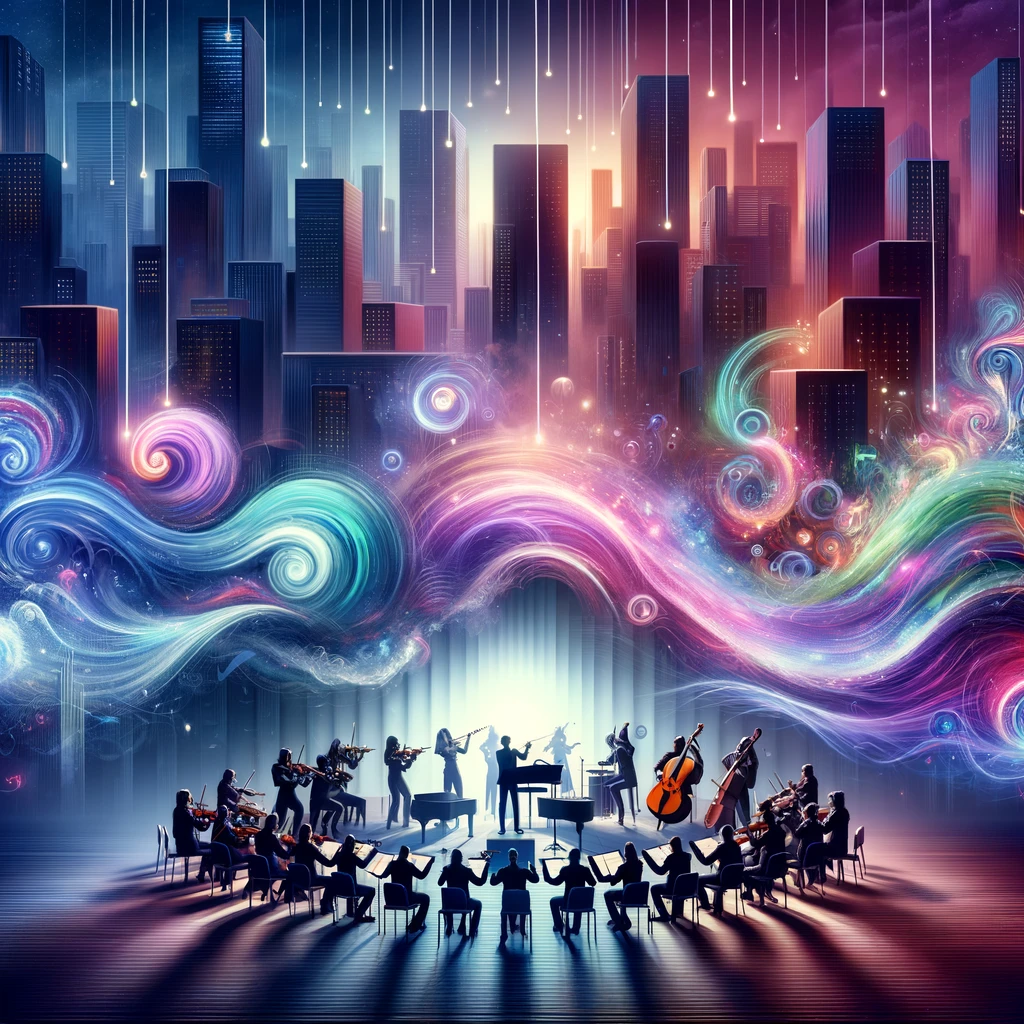 A vibrant illustration of an orchestra playing in the foreground with a backdrop of a cityscape, from which colorful, swirling light patterns emerge, blending the urban skyline with the music's rhythm.