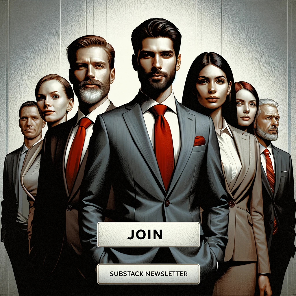 Image of diverse, well-dressed corporate professionals in a formal setting, with a color palette of red, white, and grey.