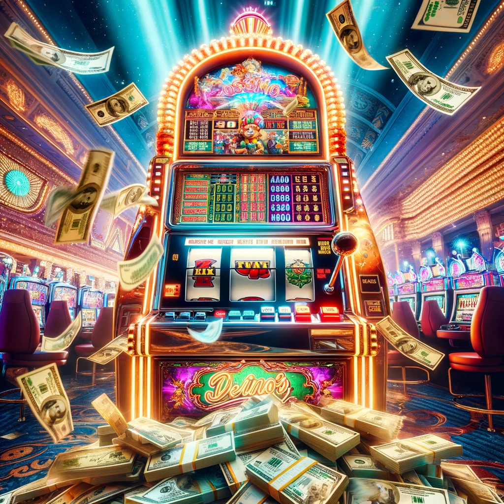 A slot machine in a Las Vegas casino releasing a flurry of cash, surrounded by bright lights and vivid colors
