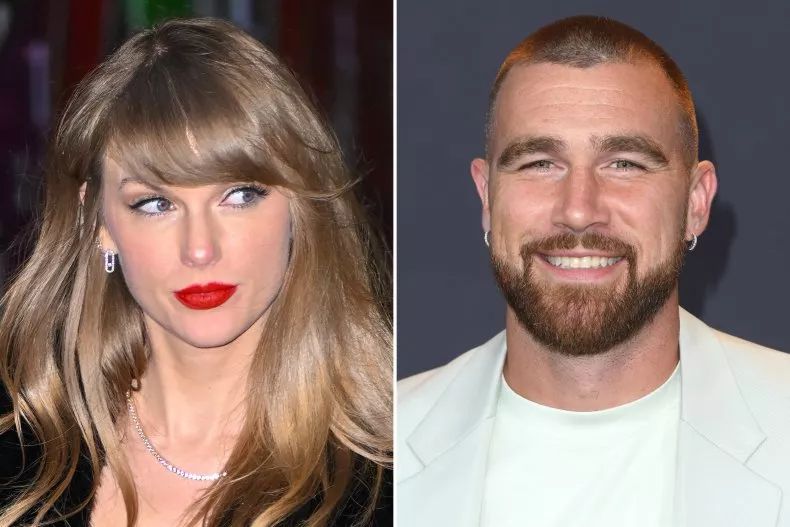 "Taylor Swift with blonde hair and red lipstick on the left, and a man with a beard and short hair on the right, both smiling.