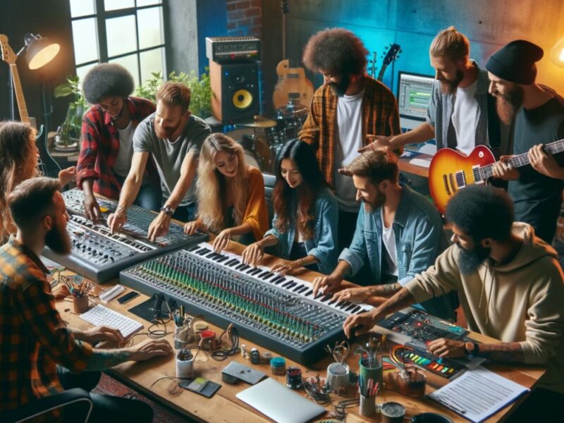 Diverse group of musicians brainstorming in a vibrant studio with instruments and recording equipment for sync licensing projects