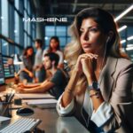 A confident woman song manager at a major studio desk deeply engrossed in music with earphones, with busy office assistants in the background.