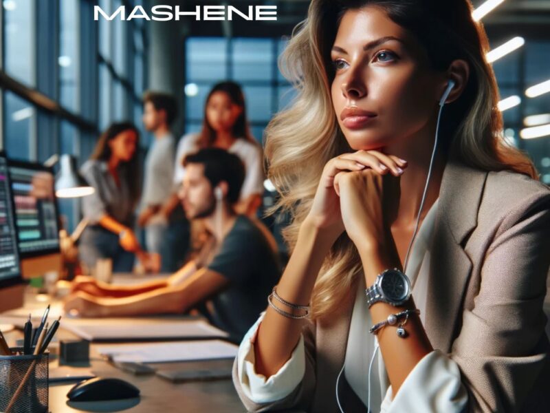 A confident woman song manager at a major studio desk deeply engrossed in music with earphones, with busy office assistants in the background.