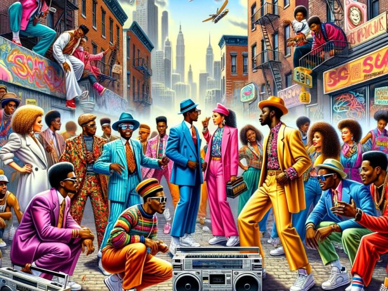 Vibrant street scene embodying the New Jack Swing era with people in colorful fashion, dancing to music from a boombox, against graffiti-covered walls.