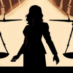 An abstract courtroom scene featuring a scale of justice balancing symbols of reputation and truth, with silhouettes of two opposing figures in the background, under a banner reading 'Defamation Dispute'.