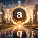 Dazzling conceptual art of a futuristic Amazon headquarters adorned with advanced AI technology symbols and the Anthropic logo, with a shining, golden $4B emblem in the sky.