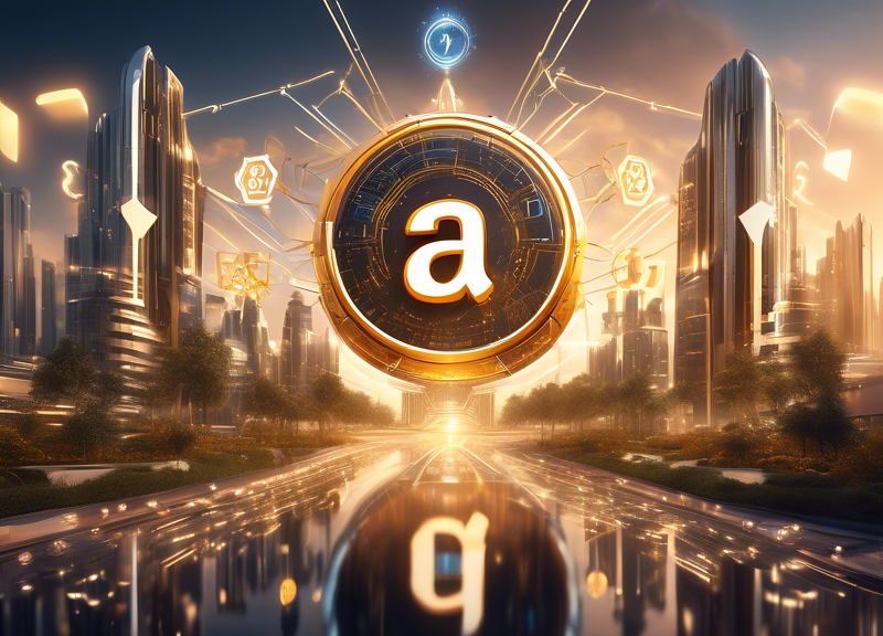 Dazzling conceptual art of a futuristic Amazon headquarters adorned with advanced AI technology symbols and the Anthropic logo, with a shining, golden $4B emblem in the sky.