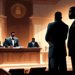 An artistically styled courtroom, with Diddy and 50 Cent's ex-partner standing before a judge, as a beam of light shines on an evidence document labeled 'Defamation Lawsuit' on a podium between them, while a shadow in the background represents the accuser, all set against the backdrop of a courtroom filled with silhouettes representing the media and public interest.