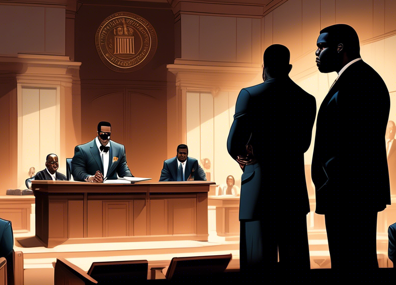 An artistically styled courtroom, with Diddy and 50 Cent's ex-partner standing before a judge, as a beam of light shines on an evidence document labeled 'Defamation Lawsuit' on a podium between them, while a shadow in the background represents the accuser, all set against the backdrop of a courtroom filled with silhouettes representing the media and public interest.