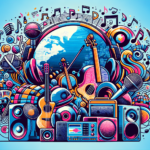 Create a visually engaging illustration of the world of royalty-free music. It should be vibrant and modern, showcasing various musical symbols and elements like music notes, headphones, speakers, and digital sound-waves. Show diversity of music genres by using symbols like a reggae hat, a classical violin, a rock guitar, an EDM turntable, a hip hop microphone, and a jazz saxophone. Incorporate a globe or world map subtly in the background to represent the 'world' aspect. Note: Don't use any text.