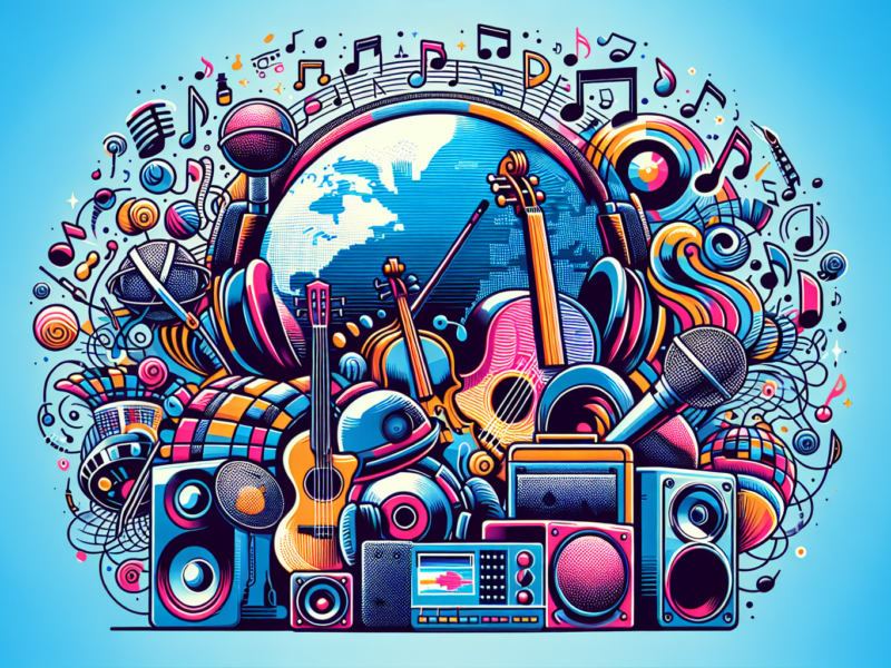 Create a visually engaging illustration of the world of royalty-free music. It should be vibrant and modern, showcasing various musical symbols and elements like music notes, headphones, speakers, and digital sound-waves. Show diversity of music genres by using symbols like a reggae hat, a classical violin, a rock guitar, an EDM turntable, a hip hop microphone, and a jazz saxophone. Incorporate a globe or world map subtly in the background to represent the 'world' aspect. Note: Don't use any text.