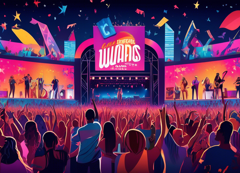 A vibrant, colorful illustration showcasing a diverse lineup of artists performing on stage at the 2024 CMT Music Awards, with digital screens in the background displaying 'CBS' and 'First Performers Unveiled,' amidst a cheering crowd under a starlit sky.