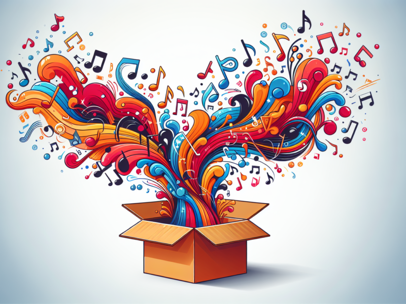Create an illustration for a website offering free background music downloads. The design should be eye-catching, colorful, and modern. Show a range of vibrant music notes and symbols flowing liberally out of an open box. The entire illustration should symbolize the concept of freely available music. No text should be included in the design.
