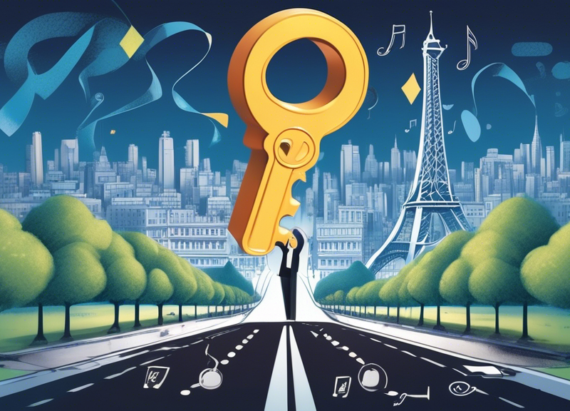 An illustration of a French regulator holding a giant key, unlocking a roadblock on a musical note-lined road, with the Warner Music Group and Believe logos on signposts, amidst a backdrop of the Eiffel Tower.