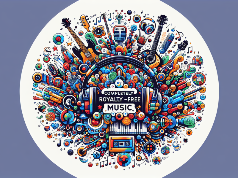 Create an illustration for a guide to Completely Royalty-Free Music. The image should not contain any words. The design should be modern with a profusion of various colors. It could include different types of musical instruments, headphones, and musical notes symbolizing the music. Each element should be uniquely designed, showcasing the diversity and abundance of royalty-free music available.