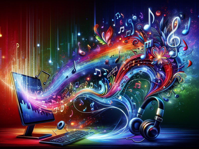 Design an expressive and bright illustration, portraying a modern concept of obtaining music in a legal and free way. Imagine a scene that portrays musical notes flowing gracefully from a stylish, futuristic computer into a set of headphones, symbolizing music streaming platforms. Vibrant hues of blues, greens, reds, purples and yellows come together to create a lively visual which represents the joy and freedom of music. High-tech elements, digital screen elements, and music symbols should be integrated to further amplify the ethical consumption of music.