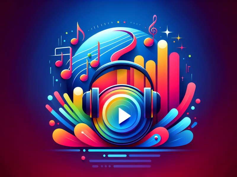 Create a high-quality, colorful and modern illustration representing the concept of royalty-free music. This should not include any text. The image might feature elements such as headphones, music notes, and a play button symbol, or an abstract representation of sound waves in a vibrant palette. The style should be sleek and contemporary, with smooth lines and a bold array of colors.