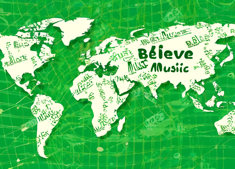 An artistic illustration of two massive, decorated vinyl records labeled 'Warner Music' and 'Believe' merging together above a map of the globe, with a green check mark shining brightly overhead, symbolizing approval, under a sky filled with musical notes and digital code, to represent the union of two music giants following regulatory approval.