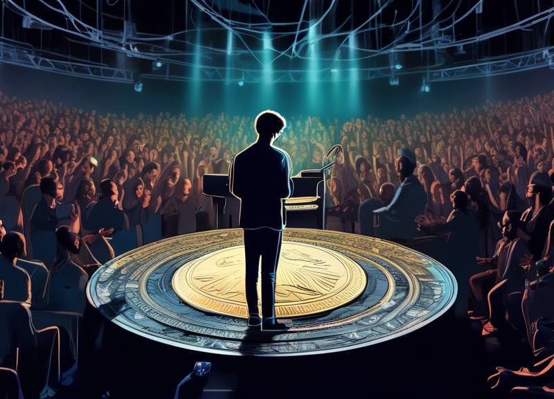 Digital illustration of musician James Blake performing on a virtual stage inside a $5 coin, surrounded by a diverse audience of digital avatars watching from various devices.