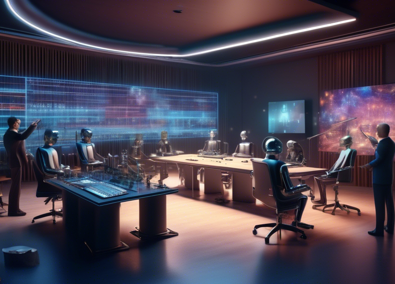 An artistically rendered conference room where executives from Universal and Roland, along with a humanoid AI, are drafting the 'Principles for Music Creation with AI', surrounded by musical instruments and advanced technology equipment.
