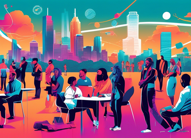 Diverse group of people from music, film, and tech industries engaging in a vibrant exchange of ideas in a futuristic, interactive SXSW 2024 conference setting, with a backdrop of Austin's iconic skyline.