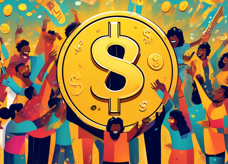 A vibrant illustration of a giant golden coin engraved with '$2bn' being jointly held above the heads of diverse, smiling musicians and publishers under a celebratory confetti shower, with musical notes and dollar signs floating in the air, symbolizing the distribution by the MLC.