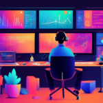 An illustrated workspace with dual monitors displaying colorful, dynamic data charts and graphs, with a happy person exploring new music discoveries through an advanced software interface labeled 'Chartmetric SmartFilters'.