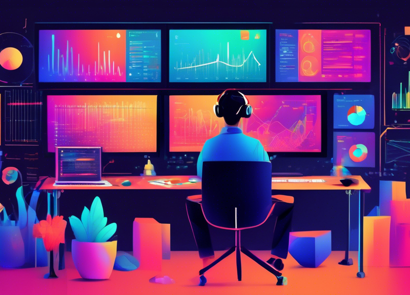 An illustrated workspace with dual monitors displaying colorful, dynamic data charts and graphs, with a happy person exploring new music discoveries through an advanced software interface labeled 'Chartmetric SmartFilters'.