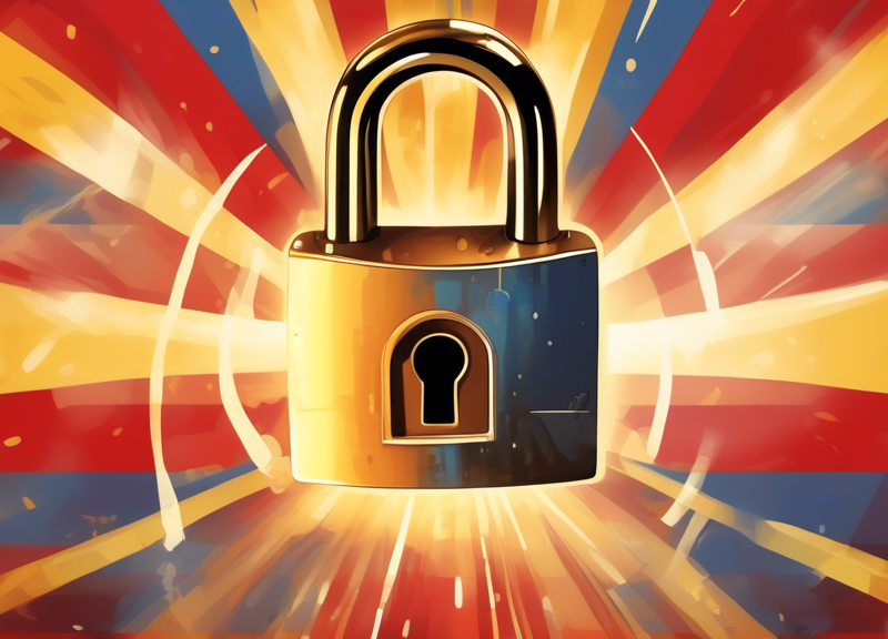 A digital painting of a large padlock symbolizing 'Blocked' overlaying the Telegram app icon on a Spanish flag background, with the padlock opening and digital rays shining through to illustrate 'Unblocked'.