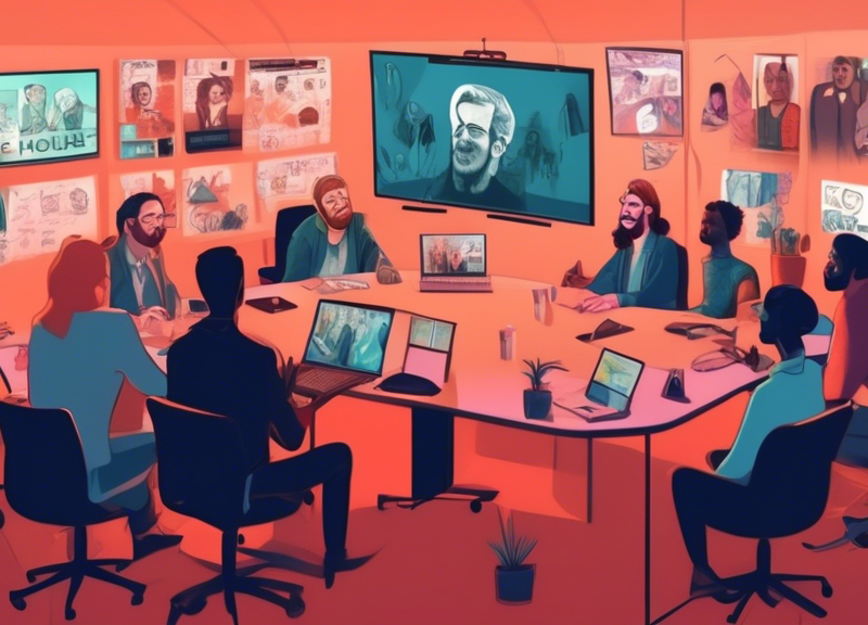 An engaging virtual meeting room filled with indie artists, producers, and managers gathering around a digital board for the 'Office Hours' program hosted by Too Lost.