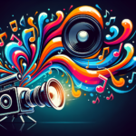 Please produce an illustration for 'top royalty-free music tracks for your videos'. The image should be colorful and modern, without any texts. The image could feature music notes flowing from an abstract speaker, being captured by a video camera. Use vibrant colors and contemporary styles for the speaker and the camera, suggesting a current and up-to-date scenario.