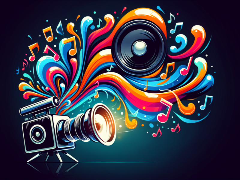 Please produce an illustration for 'top royalty-free music tracks for your videos'. The image should be colorful and modern, without any texts. The image could feature music notes flowing from an abstract speaker, being captured by a video camera. Use vibrant colors and contemporary styles for the speaker and the camera, suggesting a current and up-to-date scenario.