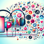 Generate a vibrant, modern illustration with no text. The image should depict various aspects of using music in social media content. Perhaps, visualise a pair of headphones connected to a smartphone with various music notes floating around and social media icons intermittently mixed in. Add a light gamma background to highlight the music's connection with the digital world. Ensure the illustration is youthful and energetic, capturing the essence of modern social media music usage.