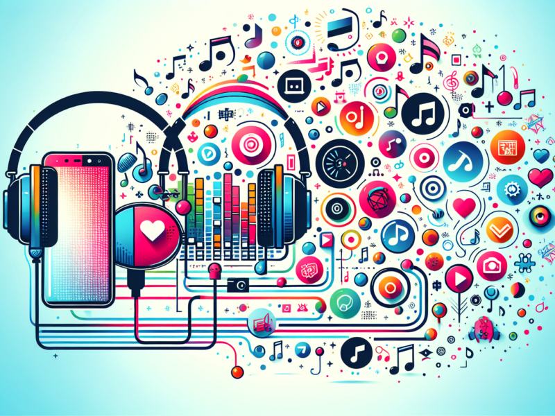 Generate a vibrant, modern illustration with no text. The image should depict various aspects of using music in social media content. Perhaps, visualise a pair of headphones connected to a smartphone with various music notes floating around and social media icons intermittently mixed in. Add a light gamma background to highlight the music's connection with the digital world. Ensure the illustration is youthful and energetic, capturing the essence of modern social media music usage.