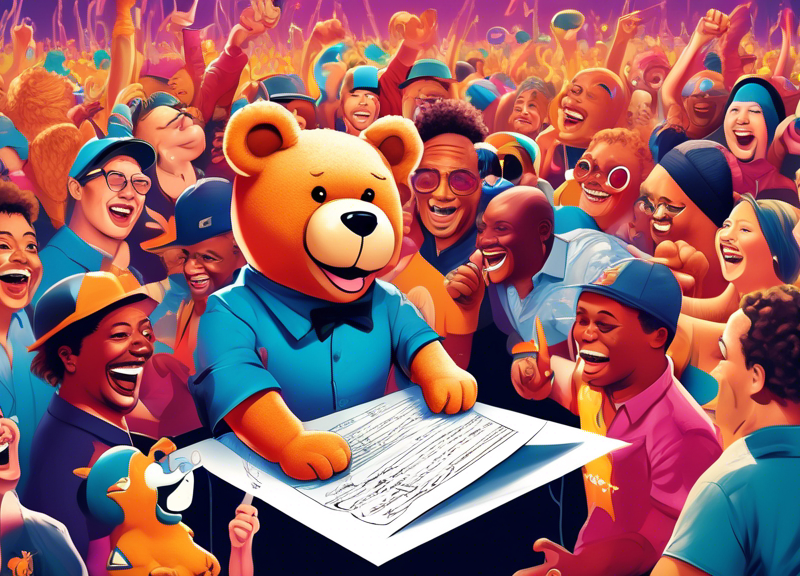 A vibrant digital artwork featuring Teddy Swims signing a contract with the Warner Chappell Music logo in the background, surrounded by musical notes and a cheerful crowd of diverse fans celebrating.
