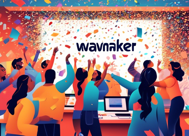 An image of a vibrant startup office with a wall-sized digital display showing the WavMaker logo, surrounded by diverse team members celebrating with confetti and $5 million seed funding check presentation.