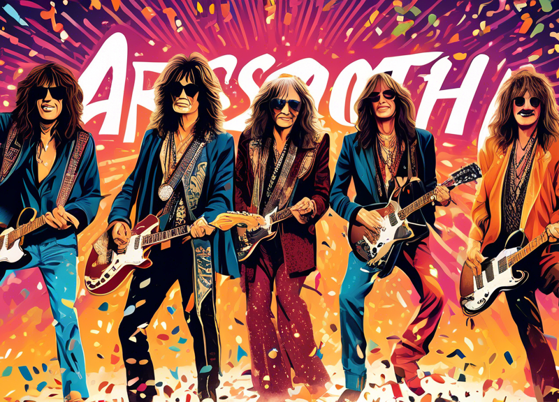 A vibrant illustrated poster of Aerosmith on stage under a shower of confetti and dramatic lighting with Farewell Tour Fall 2024 in bold, vintage rock-style lettering at the bottom.