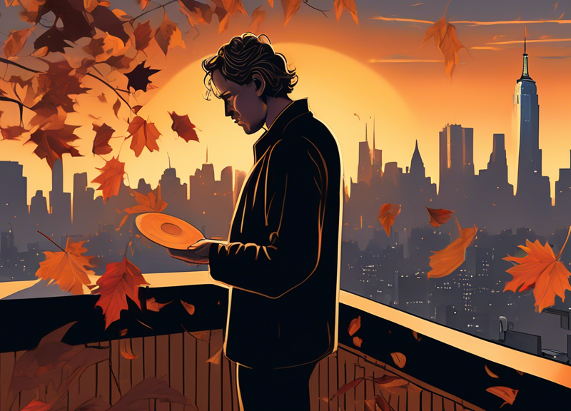 Alan Sparhawk standing under a spotlight on a New York City rooftop at dusk, looking thoughtfully at a vinyl record in his hands, with autumn leaves swirling around and the Manhattan skyline in the background.