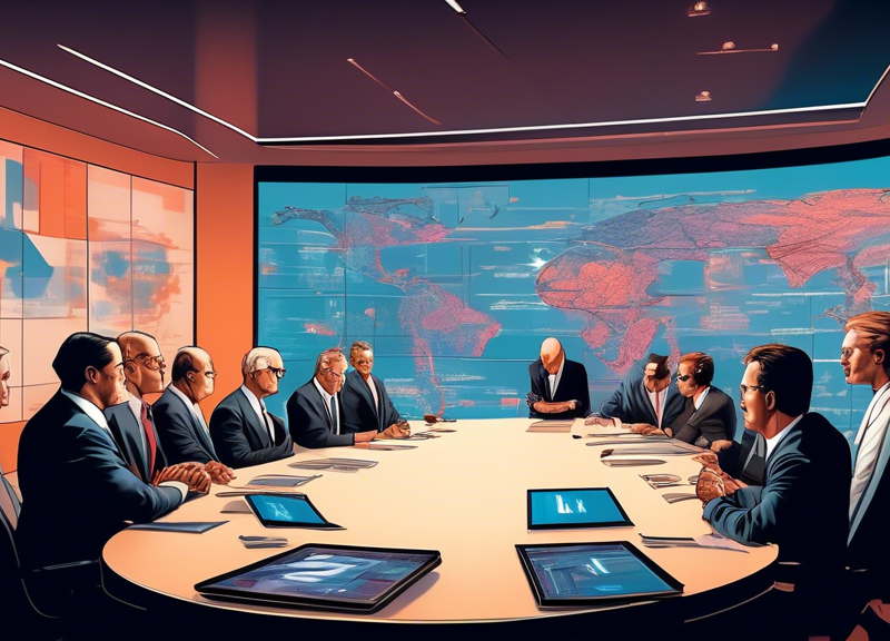 A corporate boardroom scene with executives from Blackstone and Hipgnosis strategizing around a large, glossy table, with a digital display in the background showing Concord's stock offer proposal.