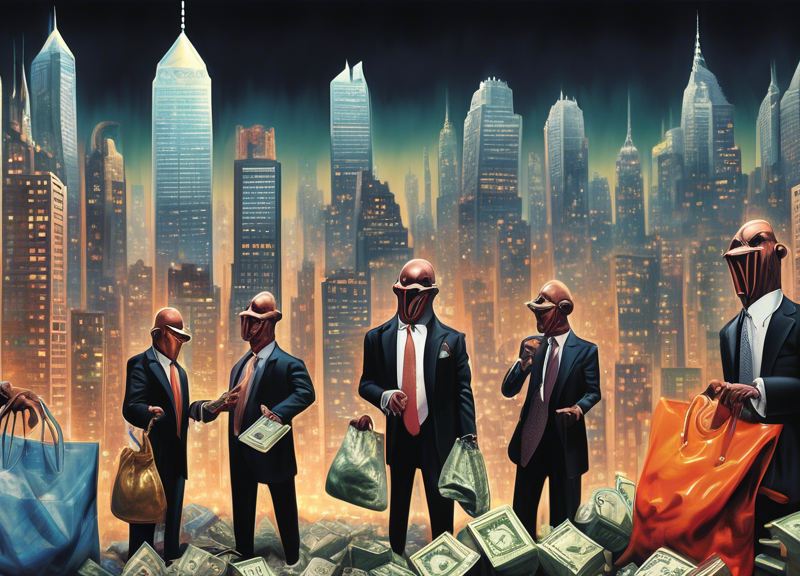 An artistic representation of a high-stakes bidding war, featuring anthropomorphized skyscrapers representing Blackstone and Hipgnosis Songs Fund engaged in an intense auction, with bags of money totaling nearly $1.6 billion on the line, set against a dynamic, music-themed cityscape background.