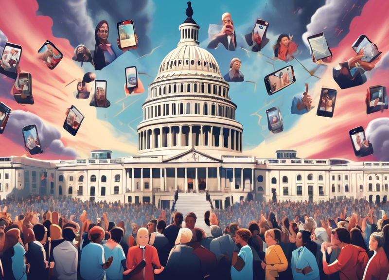 An illustrative image of the United States Capitol building with a giant smartphone displaying the TikTok logo in front, surrounded by a group of diverse legislators debating, with a visible tension in the air, under a sky split between storm clouds and sunlight.