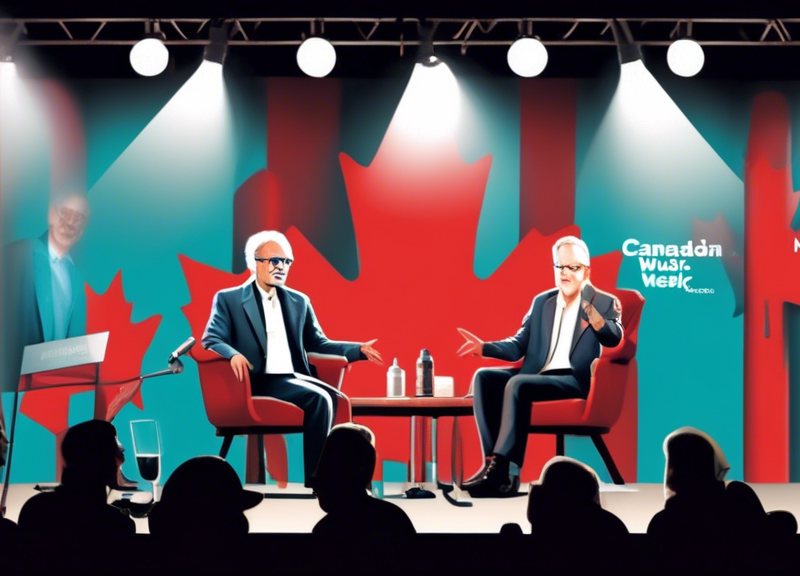 Canadian Music Week conference backdrop featuring a welcoming Ed Bicknell on stage in Toronto, interviewing Donald Passman and Bill Silva under spotlights with a captive audience