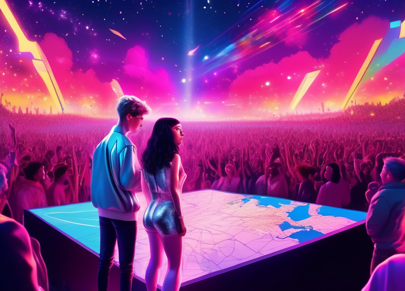 digital artwork of Charli XCX and Troye Sivan standing on a futuristic concert stage with a glowing North American map in the background, surrounded by cheers of animated, colorful crowds under a starlit sky