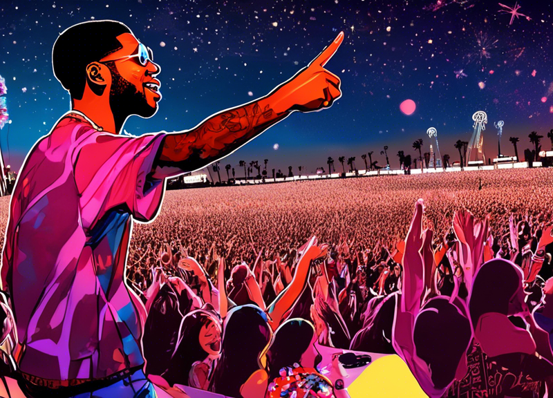 Digital art of Kid Cudi on stage performing under the dazzling Coachella night sky, with a crowd of excited fans and Coachella weekend 2 signage in the background.