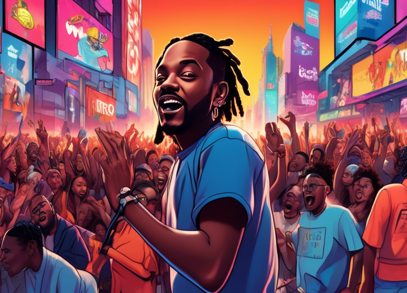 An animated streetscape bustling with energy where Kendrick Lamar, Metro Boomin, and Future are depicted as characters on a vibrant billboard advertising their hit single 'Like That,' while a diverse crowd below celebrates the song reaching over 1 million units sold in the US.